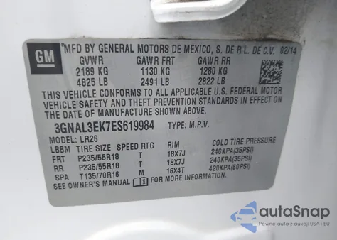 2014 Chevrolet Captiva Sport Lt from USA, damaged, VIN 3GNAL3EK7ES619984
